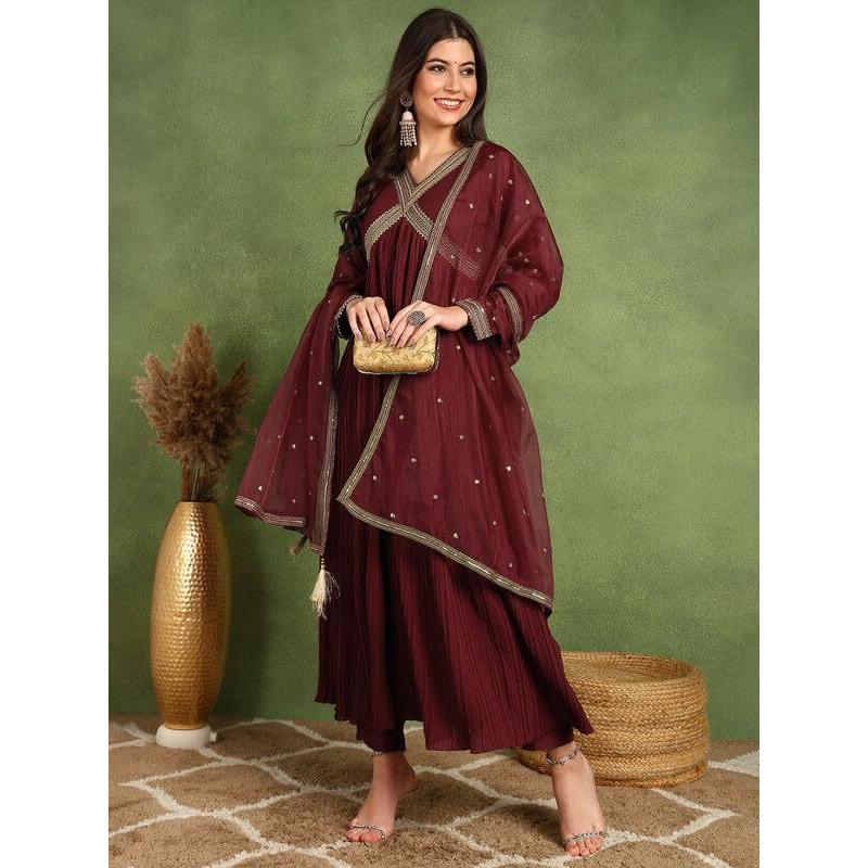 Vaamsi Women's Silk Blend Yoke Design Embroidered Anarkali Kurta Pant With Dupatta (PKSKD2110_Maroon_XXL)