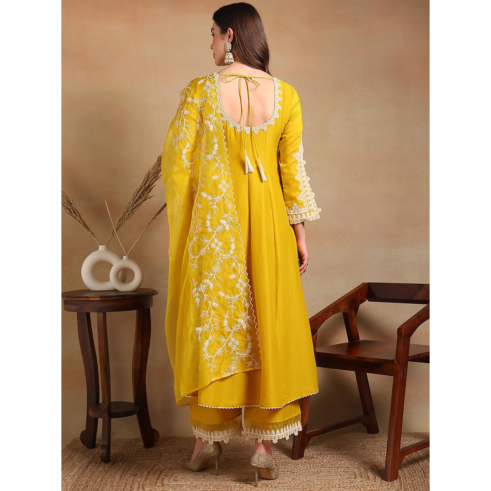 Vaamsi Women's Silk Blend Solid Embroidered Anarkali Kurta Pant With Dupatta (PKSKD2118_Yellow_XXL)