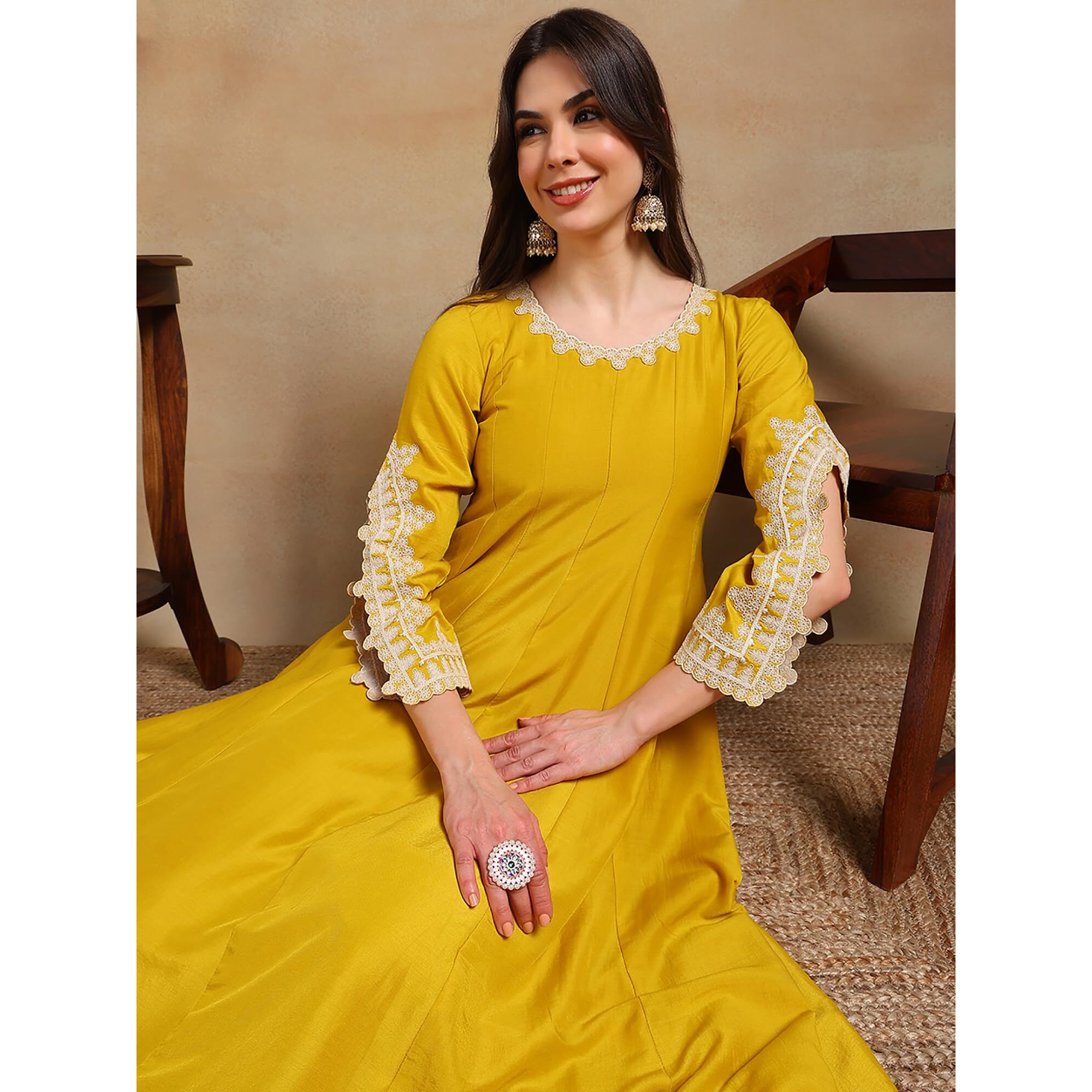 Vaamsi Women's Silk Blend Solid Embroidered Anarkali Kurta Pant With Dupatta (PKSKD2118_Yellow_XXL)