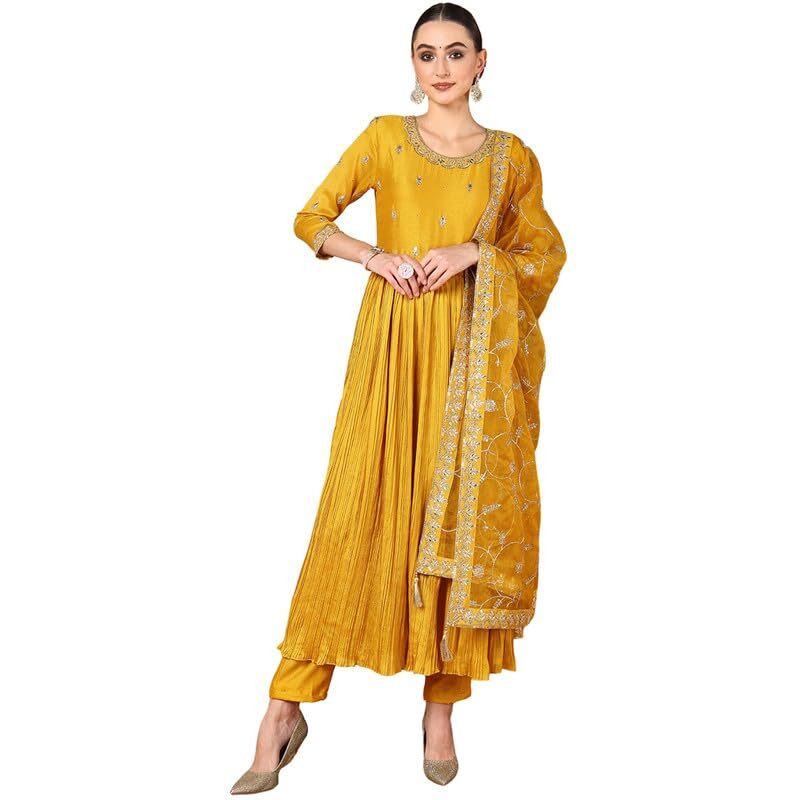 Vaamsi Women's Silk Blend Solid Embroidered Anarkali Pleated Kurta Pant With Dupatta (PKSKD2058_Yellow_M)