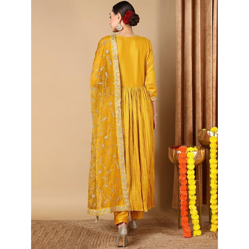 Vaamsi Women's Silk Blend Solid Embroidered Anarkali Pleated Kurta Pant With Dupatta (PKSKD2058_Yellow_M)