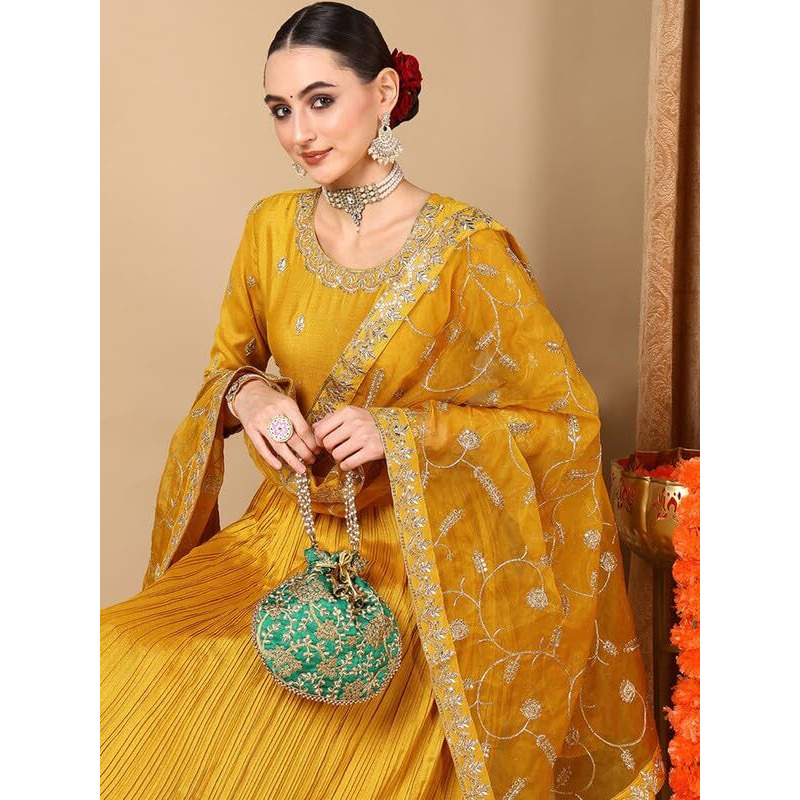 Vaamsi Women's Silk Blend Solid Embroidered Anarkali Pleated Kurta Pant With Dupatta (PKSKD2058_Yellow_M)