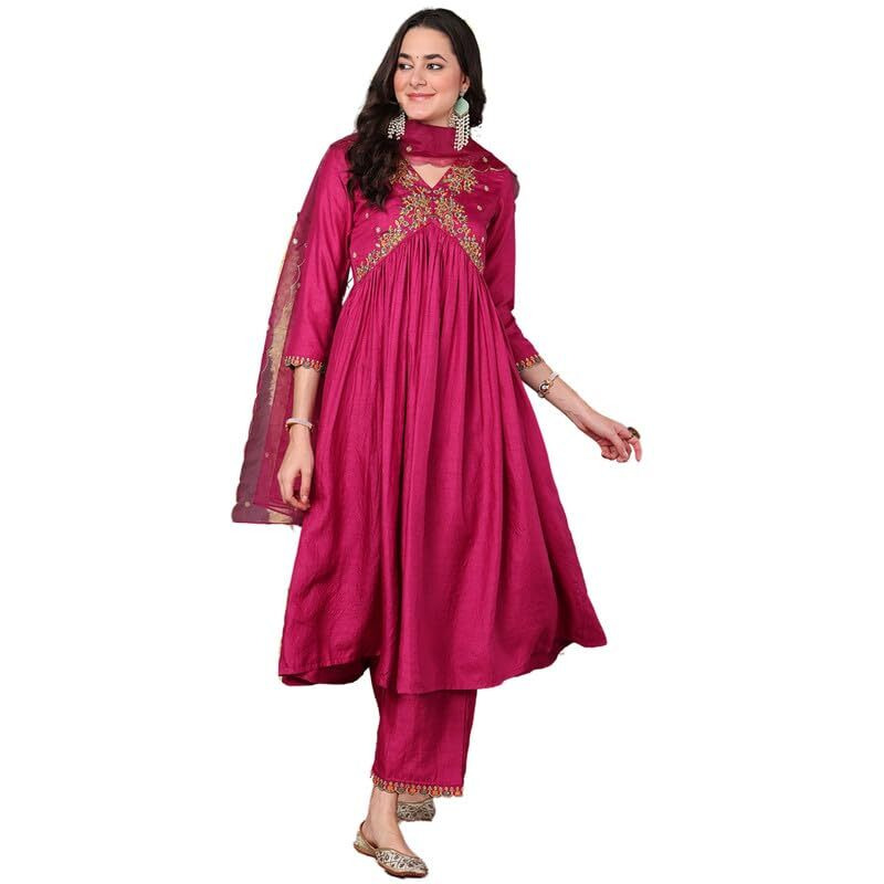 Vaamsi Women's Silk Blend Solid Embroidered Anarkali Kurta Palazzo With Dupatta (PKSKD2144_Pink_XL)