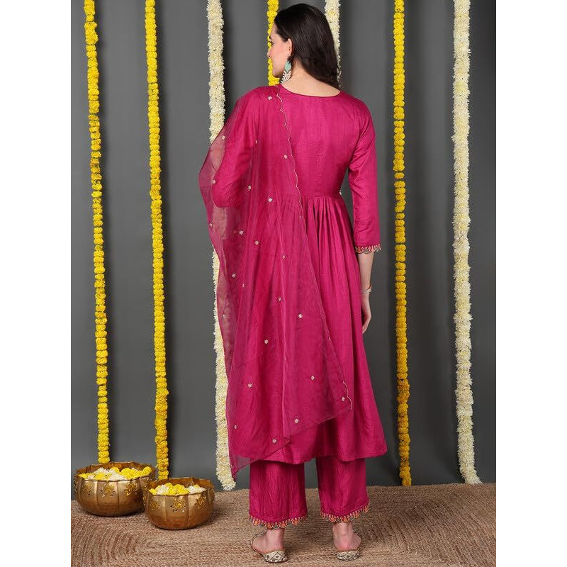 Vaamsi Women's Silk Blend Solid Embroidered Anarkali Kurta Palazzo With Dupatta (PKSKD2144_Pink_XL)
