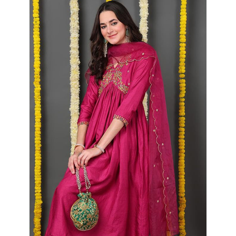 Vaamsi Women's Silk Blend Solid Embroidered Anarkali Kurta Palazzo With Dupatta (PKSKD2144_Pink_XL)