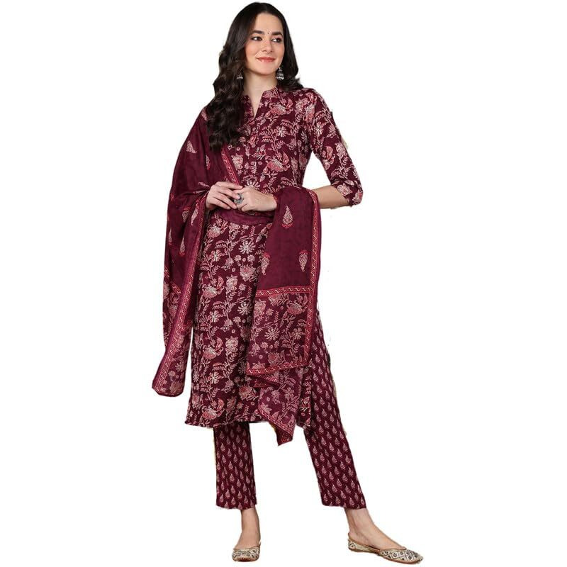 Vaamsi Women's Floral Printed Straight Kurta Pant With Dupatta Set (VKSKD2149_Maroon_XL)