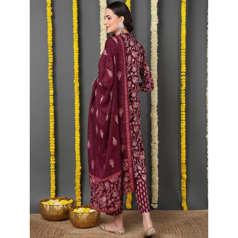 Vaamsi Women's Floral Printed Straight Kurta Pant With Dupatta Set (VKSKD2149_Maroon_XL)