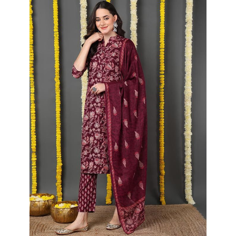 Vaamsi Women's Floral Printed Straight Kurta Pant With Dupatta Set (VKSKD2149_Maroon_XL)
