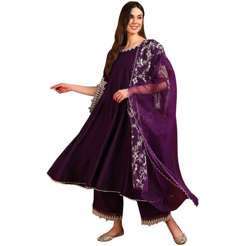 Vaamsi Women's Silk Blend Solid Embroidered Anarkali Kurta Pant with Dupatta (PKSKD2209_Purple_XL)