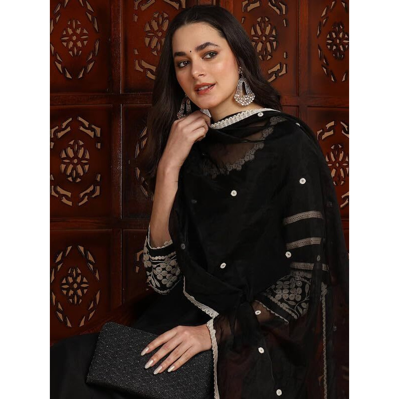 Vaamsi Women's Silk Blend Solid Embroidered Anarkali Kurta Palazzo With Dupatta (PKSKD2214_Black_L)