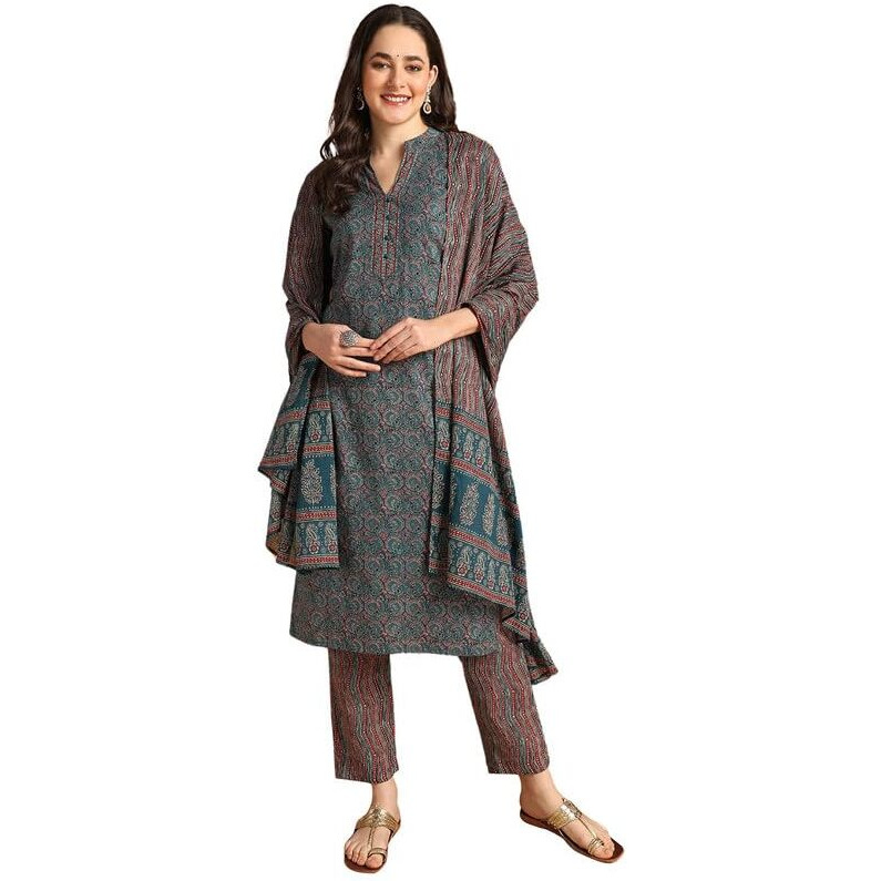 Vaamsi Women's Kalamkari Printed Straight Kurta Pant With Dupatta Set (VKSKD2127_Teal Blue_XL)