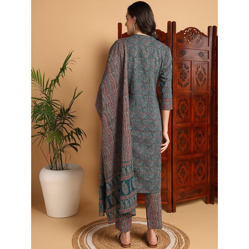 Vaamsi Women's Kalamkari Printed Straight Kurta Pant With Dupatta Set (VKSKD2127_Teal Blue_XL)