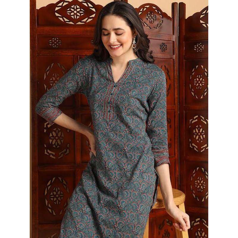 Vaamsi Women's Kalamkari Printed Straight Kurta Pant With Dupatta Set (VKSKD2127_Teal Blue_XL)