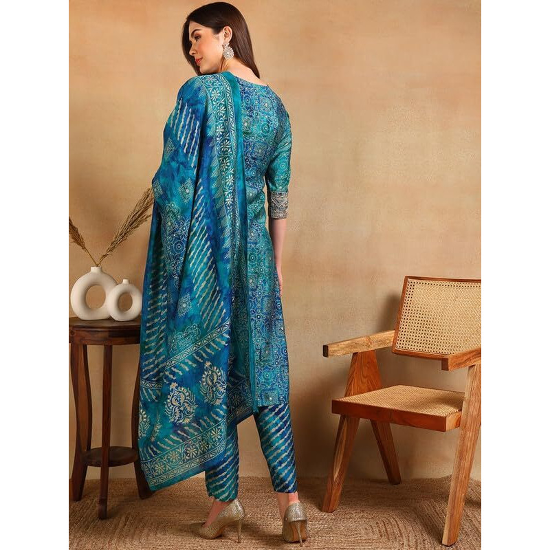 Vaamsi Women's Silk Blend Ethnic Motifs Printed Straight Kurta Pant With Dupatta (PKSKD2200_Teal Blue_XL)