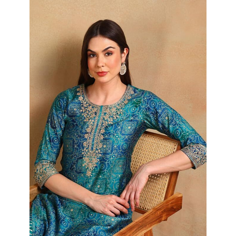 Vaamsi Women's Silk Blend Ethnic Motifs Printed Straight Kurta Pant With Dupatta (PKSKD2200_Teal Blue_XL)