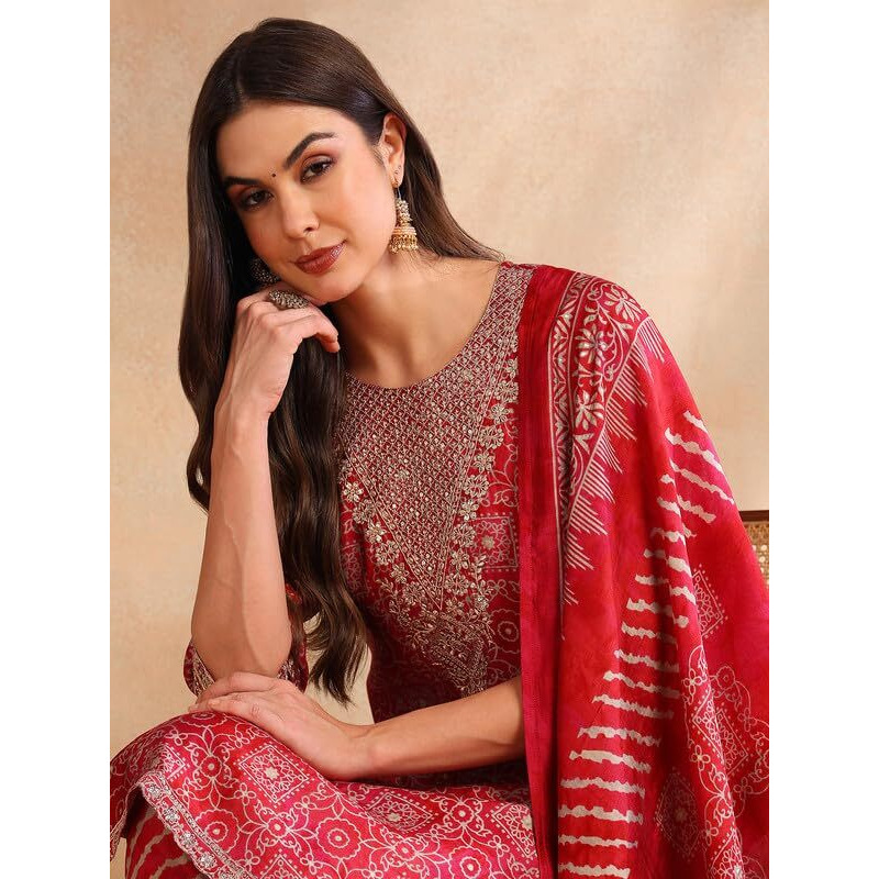 Vaamsi Women's Silk Blend Ethnic Motifs Printed Straight Kurta Pant With Dupatta (PKSKD2202_Maroon_XXL)
