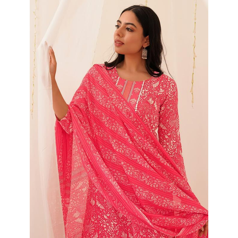 Vaamsi Women's Floral Printed Straight Kurta Pant With Dupatta Set (VKSKD2157_Pink_M)