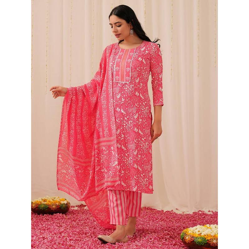 Vaamsi Women's Floral Printed Straight Kurta Pant With Dupatta Set (VKSKD2157_Pink_M)