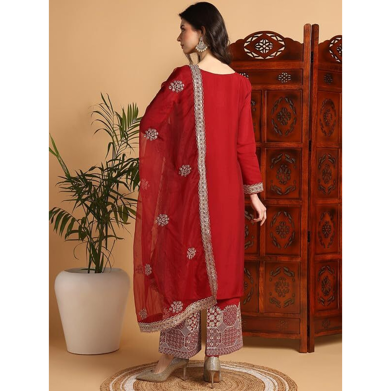 Vaamsi Women's Silk Blend Solid Straight Kurta Palazzo With Dupatta (PKSKD2250_Maroon_3XL)