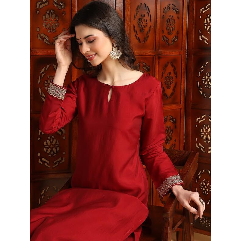 Vaamsi Women's Silk Blend Solid Straight Kurta Palazzo With Dupatta (PKSKD2250_Maroon_3XL)