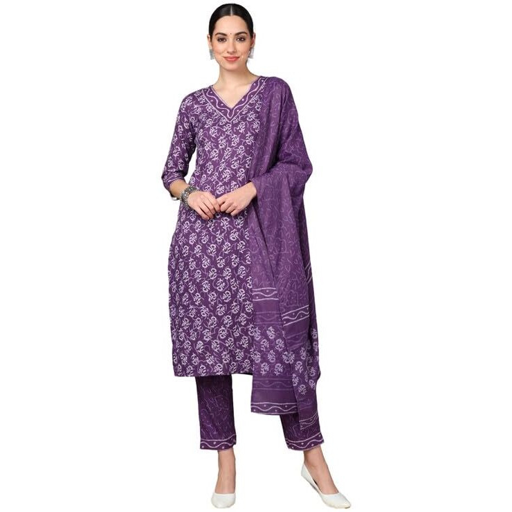 Vaamsi Women's Ethnic Motifs Printed Straight Kurta Pant With Dupatta Set (VKSKD2167_Violet_3XL)