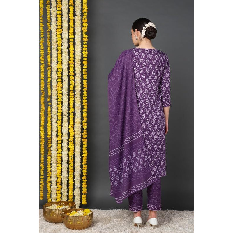 Vaamsi Women's Ethnic Motifs Printed Straight Kurta Pant With Dupatta Set (VKSKD2167_Violet_3XL)