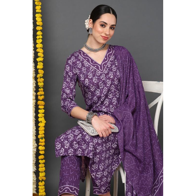 Vaamsi Women's Ethnic Motifs Printed Straight Kurta Pant With Dupatta Set (VKSKD2167_Violet_3XL)