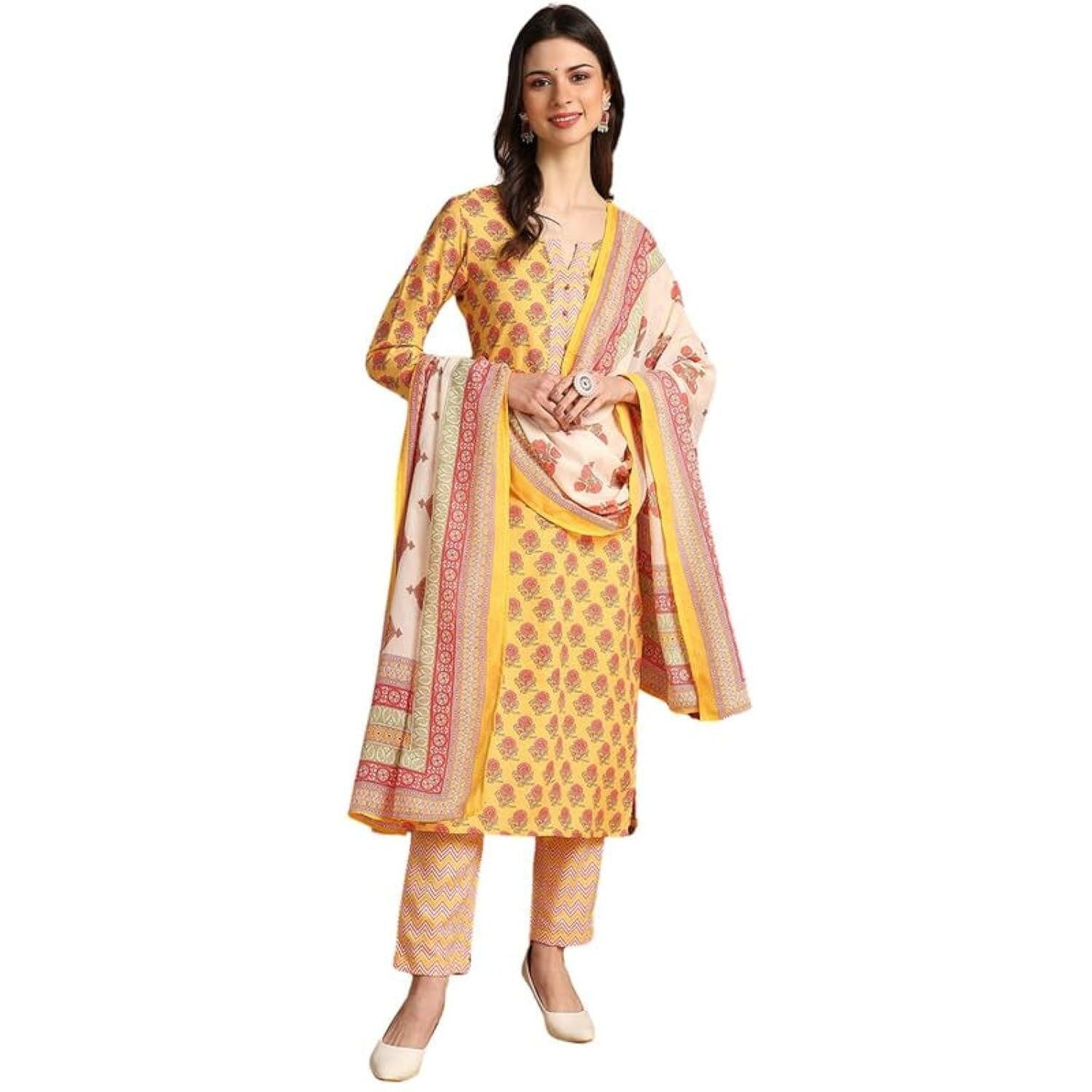 Vaamsi Women's Floral Printed Straight Kurta Pant With Dupatta Set (VKSKD2165_Yellow_XL)