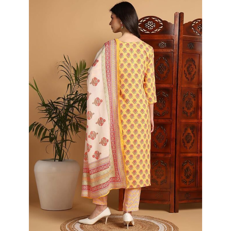 Vaamsi Women's Floral Printed Straight Kurta Pant With Dupatta Set (VKSKD2165_Yellow_XL)