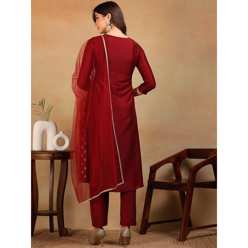 Vaamsi Women's Silk Blend Mirror Work Woven Design A-Line Kurta Pant With Dupatta (PKSKD2295_Maroon_XXL)
