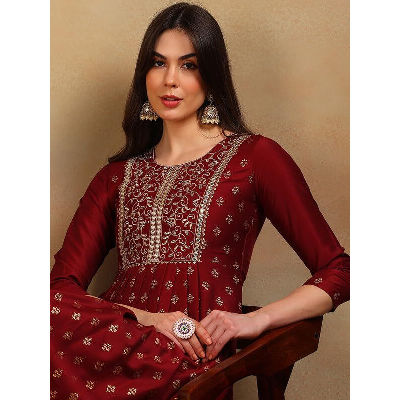 Vaamsi Women's Silk Blend Mirror Work Woven Design A-Line Kurta Pant With Dupatta (PKSKD2295_Maroon_XXL)