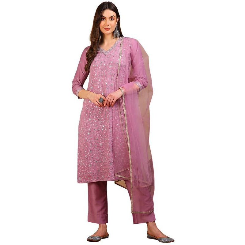 Vaamsi Women's Silk Blend Sequinned Embroidered Straight Kurta Pant With Dupatta (PKSKD2310_Lavender_M)
