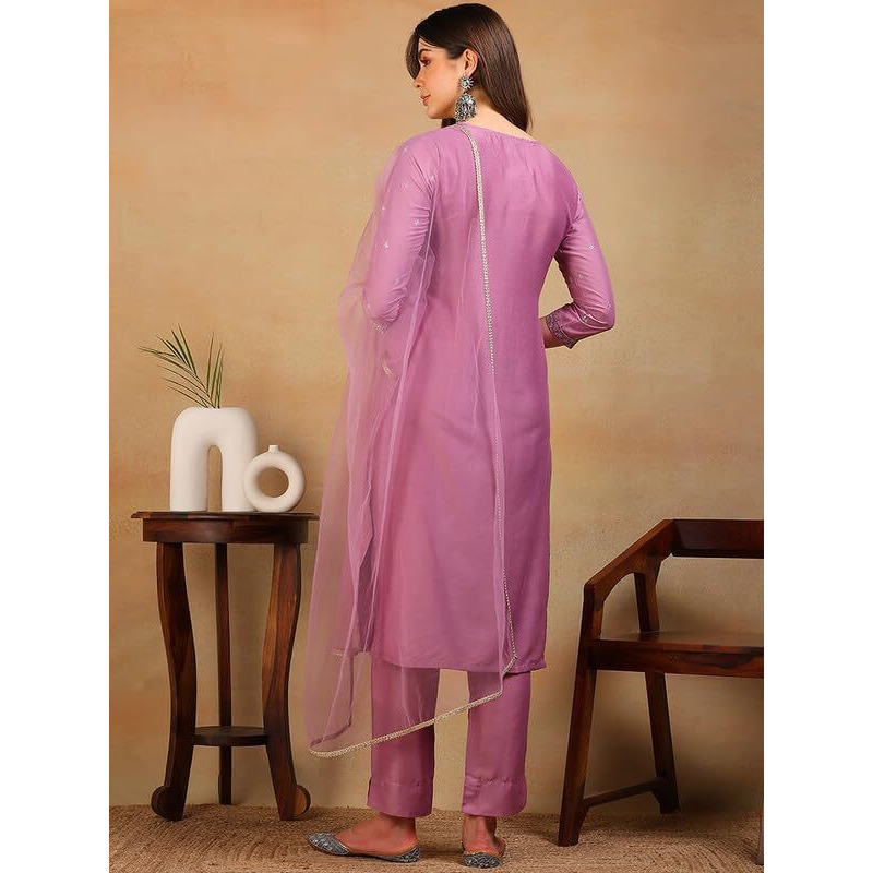Vaamsi Women's Silk Blend Sequinned Embroidered Straight Kurta Pant With Dupatta (PKSKD2310_Lavender_M)