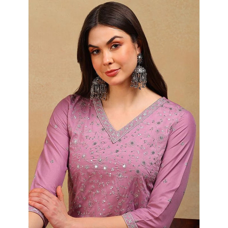 Vaamsi Women's Silk Blend Sequinned Embroidered Straight Kurta Pant With Dupatta (PKSKD2310_Lavender_M)