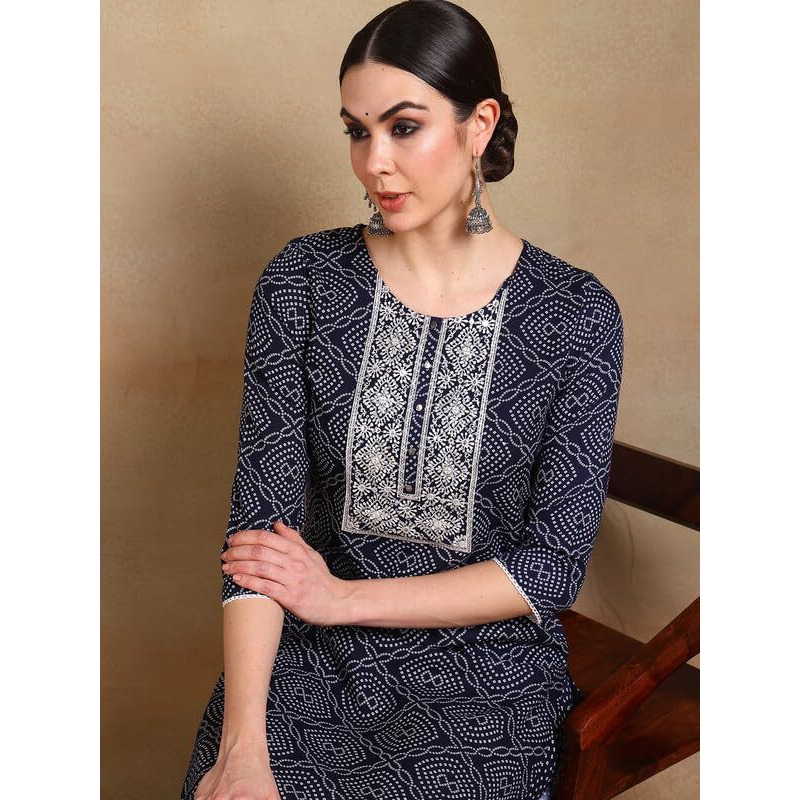 Vaamsi Women's Bandhani Printed Straight Kurta Pant With Dupatta (VKSKD2184_Navy Blue_S)