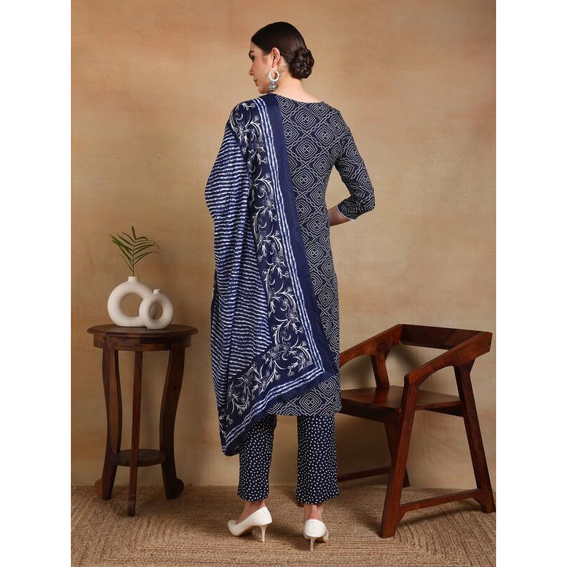 Vaamsi Women's Bandhani Printed Straight Kurta Pant With Dupatta (VKSKD2184_Navy Blue_M)