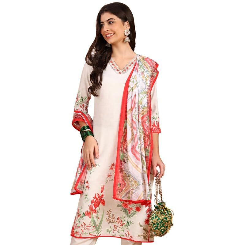 Vaamsi Women's Floral Printed Straight Kurta Pant with Dupatta Set (PKSKD2415_XL_White)