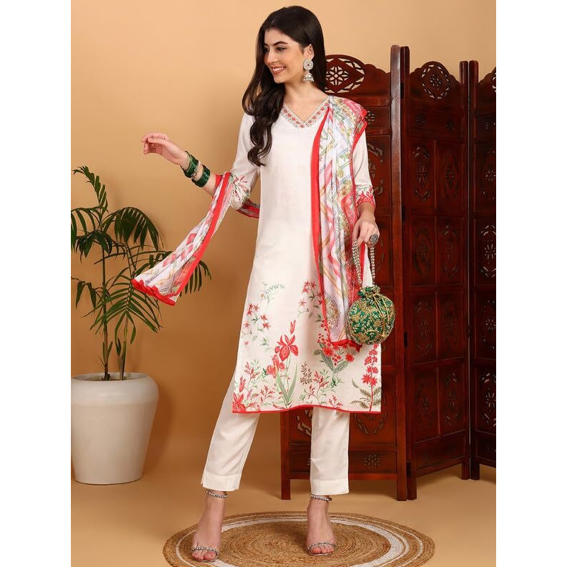 Vaamsi Women's Floral Printed Straight Kurta Pant with Dupatta Set (PKSKD2415_XL_White)