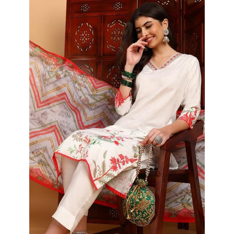 Vaamsi Women's Floral Printed Straight Kurta Pant with Dupatta Set (PKSKD2415_XL_White)
