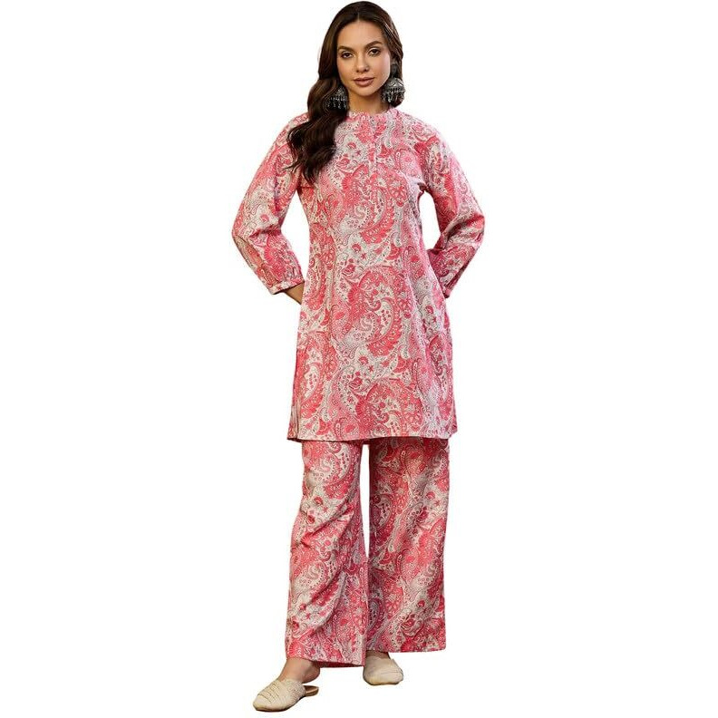 Vaamsi Women's Cotton Blend Floral Printed Straight Co-ord Set (VCORD1032_L_Pink)