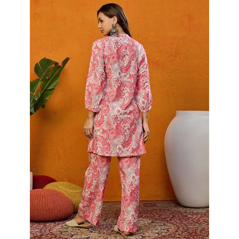 Vaamsi Women's Cotton Blend Floral Printed Straight Co-ord Set (VCORD1032_L_Pink)