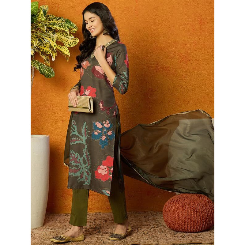 Vaamsi Women's Floral Straight Printed Kurta Pant With Dupatta Set (PKSKD2426_S_Light Green)