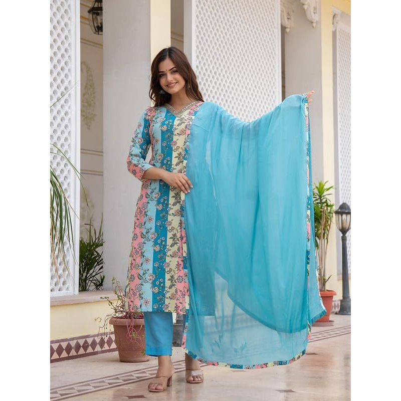Vaamsi Women's Floral Straight Printed Kurta Pant With Dupatta Set (PKSKD2461_S_Multicolored)