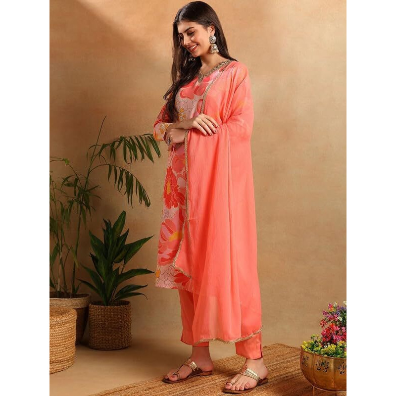 Vaamsi Women's Rayon Blend Floral Straight Printed Kurta Pant With Dupatta (PKSKD2477_XXL_Peach)