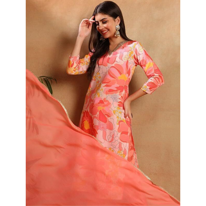 Vaamsi Women's Rayon Blend Floral Straight Printed Kurta Pant With Dupatta (PKSKD2477_3XL_Peach)