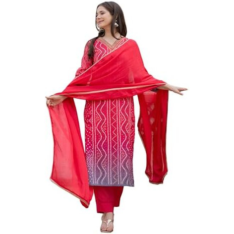 Vaamsi Women's Bhandhani Straight Printed Kurta Pant With Dupatta Set (PKSKD2484_XXL_Red)