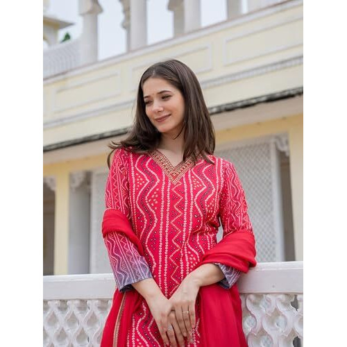Vaamsi Women's Bhandhani Straight Printed Kurta Pant With Dupatta Set (PKSKD2484_XXL_Red)