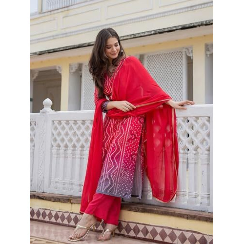Vaamsi Women's Bhandhani Straight Printed Kurta Pant With Dupatta Set (PKSKD2484_XXL_Red)