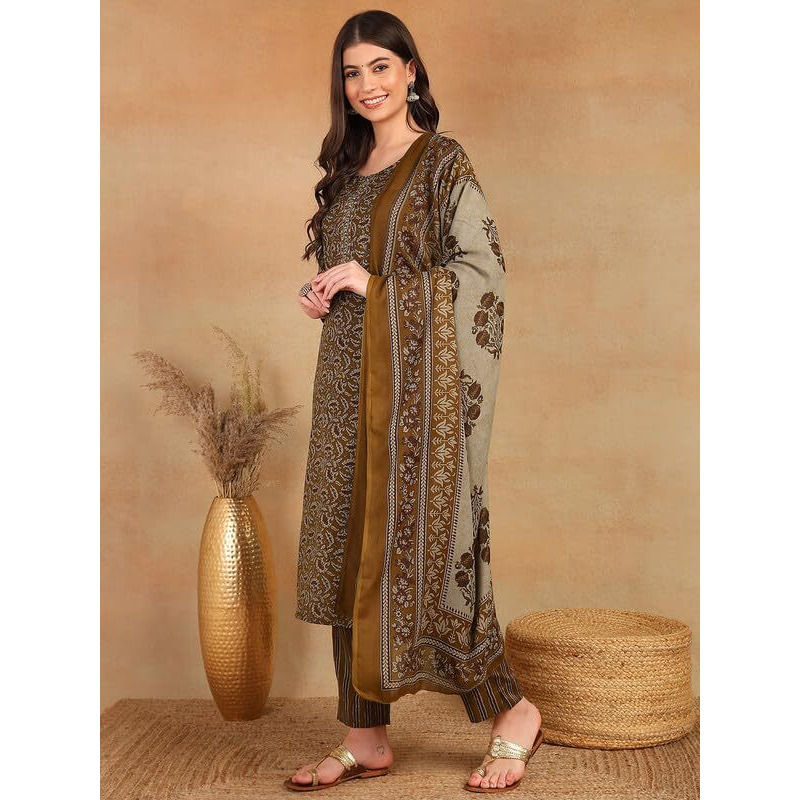 Vaamsi Women's Ethnic Motifs Straight Printed Kurta Pant With Dupatta Set (VKSKD2216BRN_M_Brown)