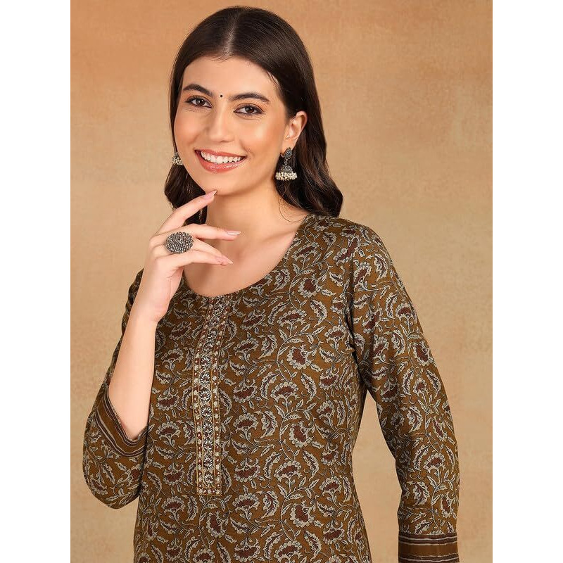 Vaamsi Women's Ethnic Motifs Straight Printed Kurta Pant With Dupatta Set (VKSKD2216BRN_M_Brown)